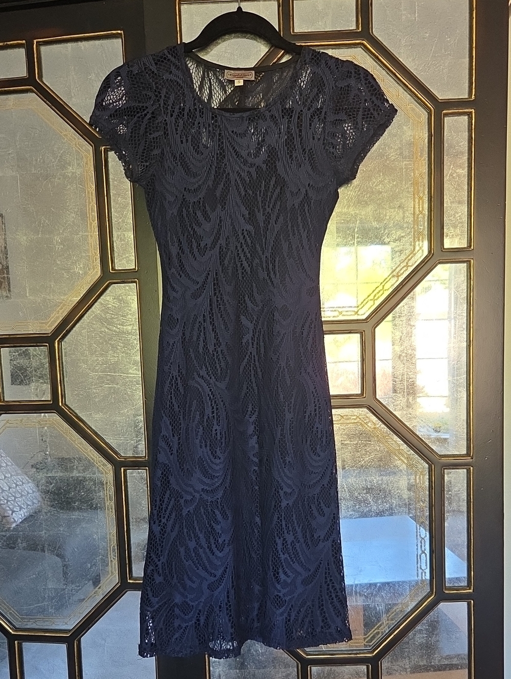 Women's Navy Lace Cap-Sleeve A-Line Dress Y2K Vintage Full Stretch